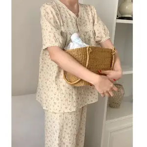 طقم بيجامة زهور غير رسمي ، رقبة قصيرة الأكمام ، ملابس نوم ، ملابس خارجية ، ملابس منزلية ، طراز فرنسي ، جديد ، طقم 2 ، الصيف ،