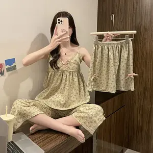 ملابس نوم نسائية صيفية خفيفة الوزن من القطن، ثوب نوم بحزام، شورت كاجوال مطبوع عليه زهور، ملابس منزلية، مجموعة من ثلاث قطع