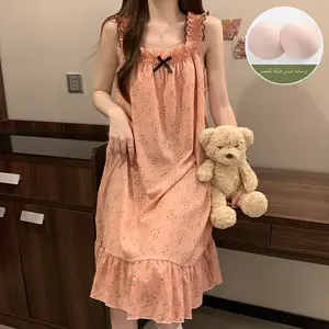 ملابس نوم نسائية صيفية من القطن النقي القابل للتنفس مع وسادة صدر، مقاس كبير، ملابس منزلية، تنورة طويلة، نمط جميل، عقدة فراشة