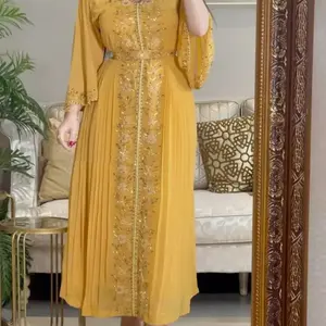 الربيع الصيف المرأة طويلة ماكسي فستان فضفاض الشرق الأوسط المطرزة التماس الماس كرافت تان رداء ثوب مسائي
