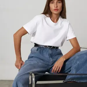Bornladies الصيف 100% القطن المرأة تي شيرت قاع الأساسية المألوف الصلبة سيدة قصيرة الأكمام فضفاضة بلايز قمصان 230 جرام/ ㎡ قمم