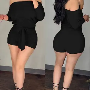 بذلة نسائية بأكمام طويلة مكشوفة الأكتاف ، رومبير أحادي اللون ، برباط فوق الركبة ، نحيف ، كاجوال ، موضة يومية ، صيف ،